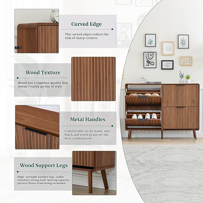 47" Fluted Large Shoe Cabinet with 4 Flip Drawers, Slim Freestanding Shoe Cabinet Organizer, Narrow Shoes Storage Rack for Entryway, 5 Sturdy Legs (Walnut, 9.45" D x 47.24" W x 35.83" H)