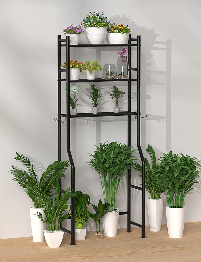 3-Tier Over The Toilet Storage, Freestanding Metal Bathroom Shelves with 4 Hooks, Over Toilet Storage Shelf with Paper Holder, Above The Toilet Shelf for Bathroom Storage, Black-NeatNest