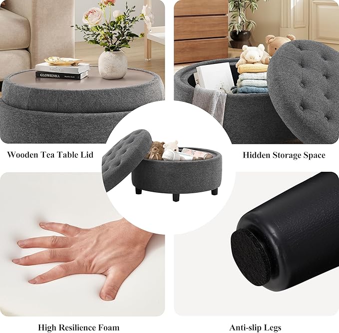 COLAMY Fabric Round Storage Ottoman with Reversible Tray Lid – Multi-Functional Footrest, Hidden Storage, Sturdy & Stylish Small Coffee Table for Living Room, Bedroom, or Entryway(Dark Grey)-NeatNest