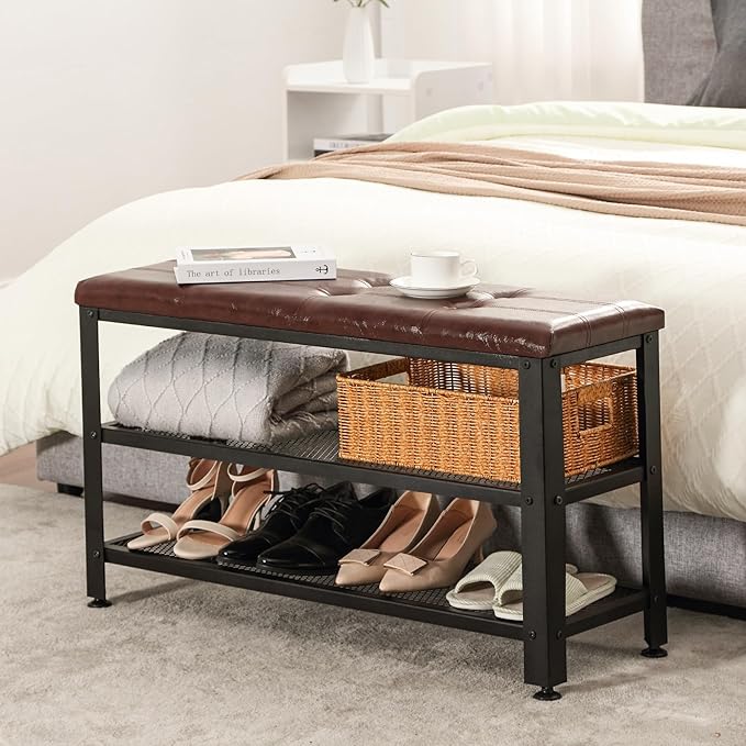 Apicizon 35.5" Shoe Rack Bench, 3-Tier Entryway Bench, with Leather Seat and Metal Frame, Loads 300 lb, Suitable for Living Room, Hallway, Mudroom, Doorway, Rustic Brown-NeatNest