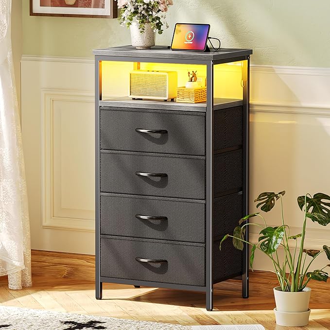 Huuger Night Stand with Charger Station and LED Lights, 4 Drawer Nightstand, Bed Side Table with Open Shelf, End Table, Fabric Dresser for Bedroom, Grey