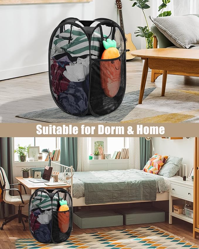 HOUSE AGAIN Mesh Popup Laundry Hamper, [Reinforced] Collapsible Laundry Basket, Foldable Pop Up Hamper with Durable Handles, Easy to Open and Fold for Dorm, Laundry Room, Bedroom, Travel, (Black)-NeatNest