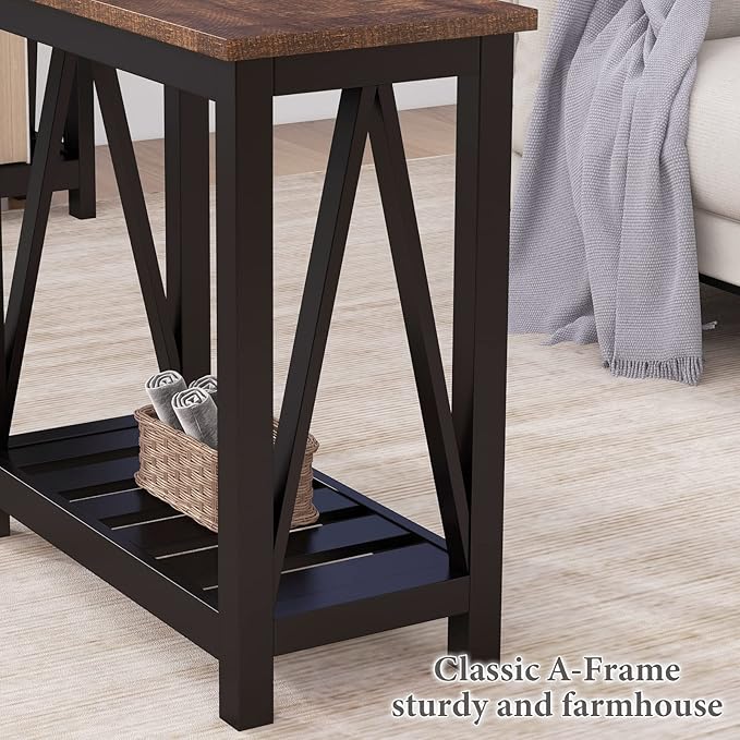 ChooChoo Farmhouse End Table, Rustic Vintage Narrow End Side Table with Storage Shelf for Small Spaces, Nightstand Sofa Table for Living Room, Bedroom Black-NeatNest