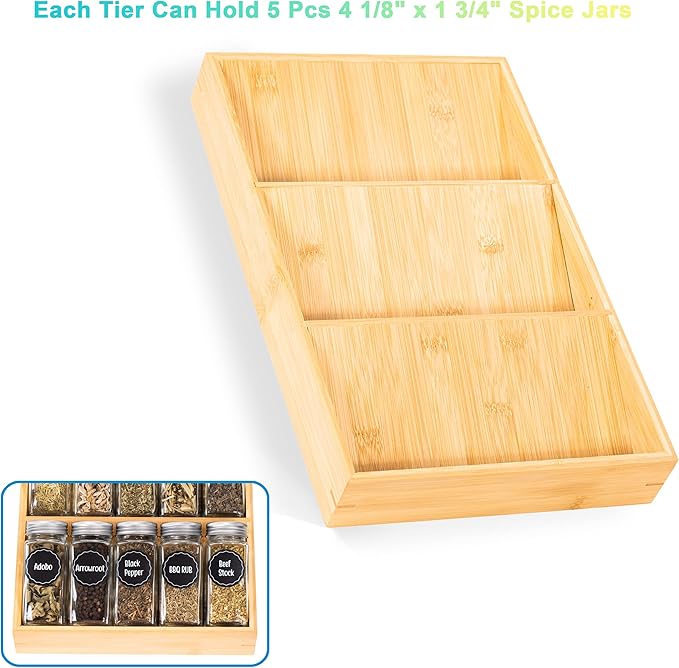 Bamboo Spice Rack Organizer for Drawer 3 Tier Bamboo Spice Tray Cabinet for Kitchen Storage and Organizer (Pre-Measure Your Drawer)(1 Pack, Drawer)-NeatNest