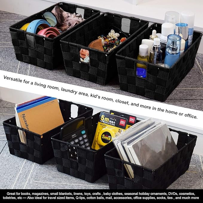 homyfort Woven Black Storage Baskets Shelf Tote Boxes Container, Durable Storage Organizer Bins with Built-in Handles for Bedroom, Office, Closet, Kids Room, Nursery, 3-Pack,11.4”x 6.5”x 4.5”-NeatNest