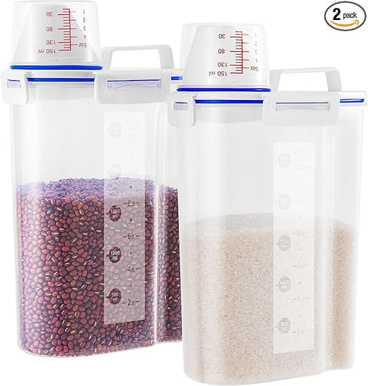 2 Pcs 5.5Lbs Rice Dispenser Storage Containers, Rice Container with Measuring Cup & Pour Spout, Kitchen Plastic Airtight Container for Cereal, Grain, Flour, Sugar, Oatmeal, Dry Pet Dog Food-NeatNest