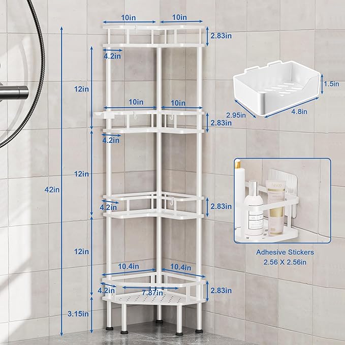 FJNATINH Corner Shower Caddy - 4 Tier Shower Organizer Corner Shelf Stand, Stainless Steel Standing Tall Floor Shower Shelf Rack Storage Stands for Bathroom Balcony Kitchen, No Drilling Shelves, White