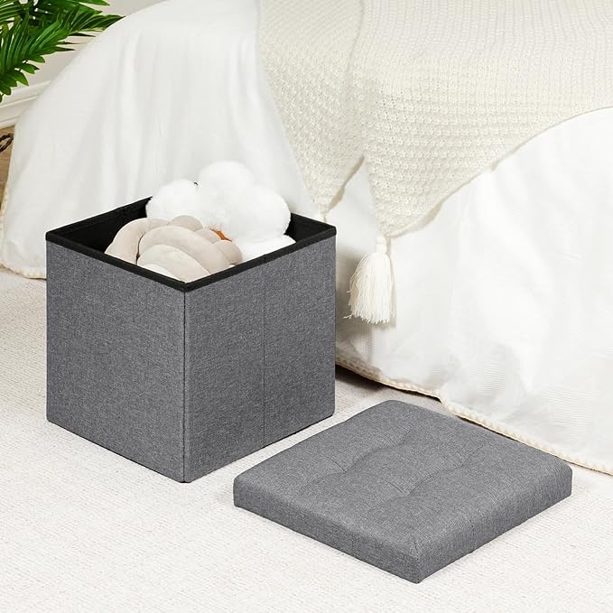 B FSOBEIIALEO Storage Ottoman Cube, Toy Chest Folding Foot Rest Seat, Linen Grey 12.6"X12.6"X12.6" (2 Pack)