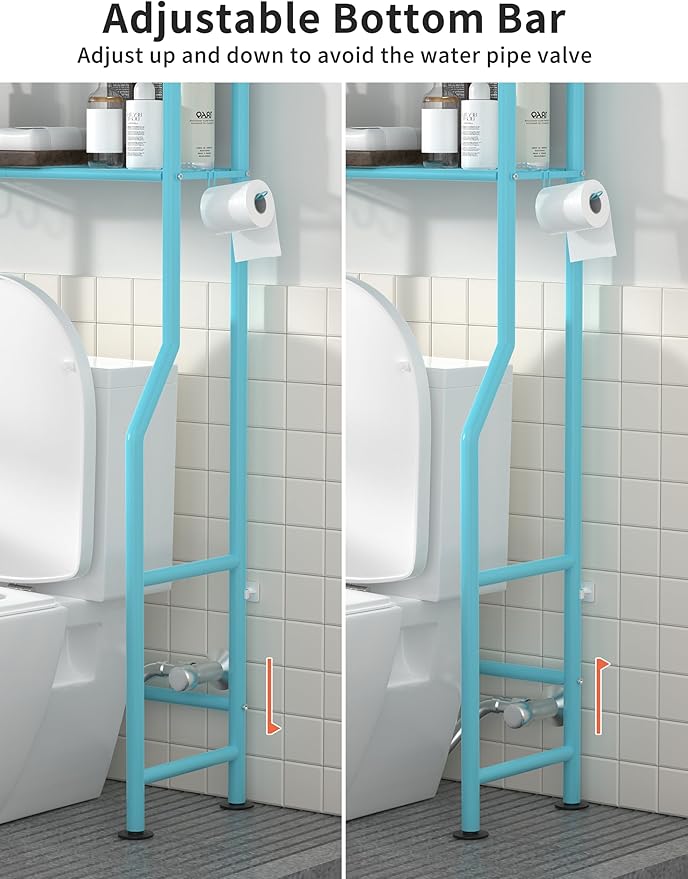 3-Tier Over The Toilet Storage, Freestanding Metal Bathroom Shelves with 4 Hooks, Over Toilet Storage Shelf with Paper Holder, Above The Toilet Shelf for Bathroom Storage, Blue-NeatNest