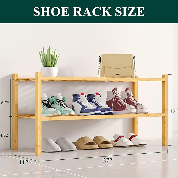 Smiry Shoe Rack, 2 Tier Bamboo Shoe Organizer, Stackable Free Standing Wooden Shoe Storage Shelf for Closet, Entryway, Front Door Entrance, Natural-NeatNest