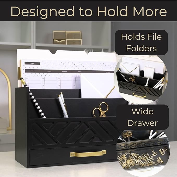 BLU MONACO Black Mail Organizer with Drawer and Gold Handle – Desktop Mail Holder and Office Supplies Storage – Home Office Desk Accessories – Letter Sorter and Paper Organizer-NeatNest