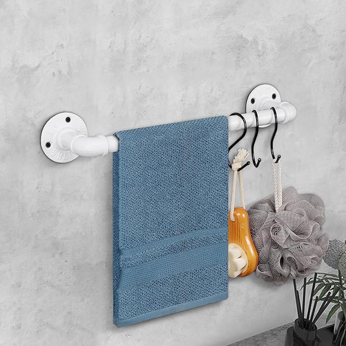 Industrial Pipe Towel Rack Towel Bar, Heavy Duty Wall Mounted Rustic Farmhouse Bath Towel Holder for Bathroom (White, 12 inch)
