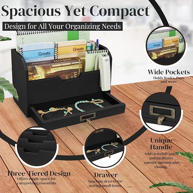 Flexzion 3 Tier Wooden Desk Organizer - Country Rustic Mail Organizer Countertop Compartments Slot File Tray Pencil Sorter Shelf Holder Accessories Set with Storage Drawer for Home Office, Light Brown-NeatNest