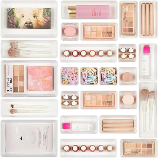 Vtopmart 25 PCS Plastic Drawer Organizers Set, 4-Size Versatile Bathroom and Vanity Drawer Organizer Trays, Storage Bins for Makeup, Bedroom, Kitchen Gadgets Utensils and Office-NeatNest