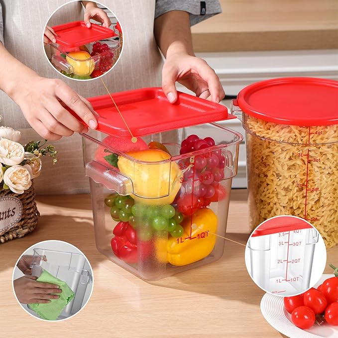 4 Pcs Food Storage Container with Lids Set 4 Qt Square and Round Clear PC Commercial Containers with Scale Handle for Home Restaurant Kitchen Food Storage, Dough Rise, Flour(Red)