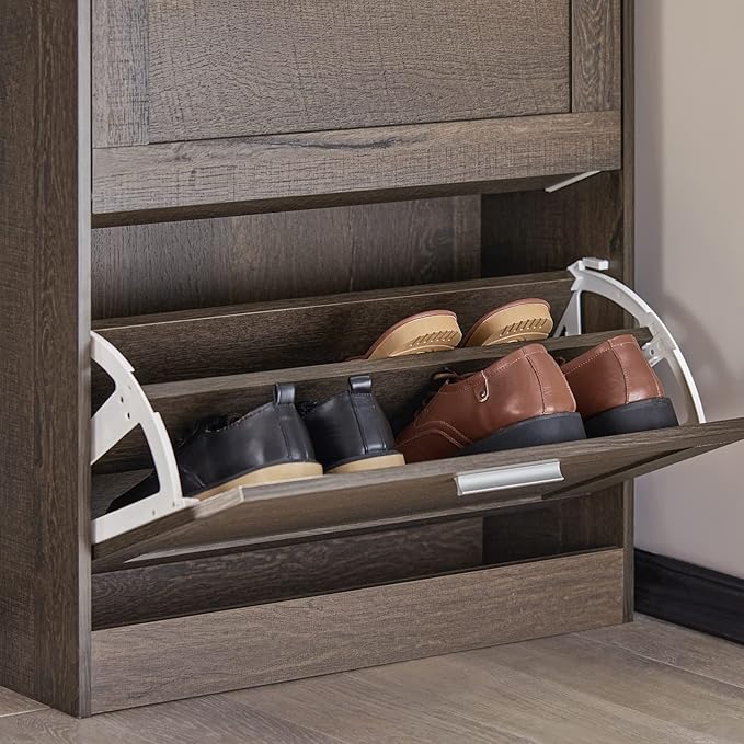 Haotian Small Shoe Storage Cabinet, Slim Shoe Rack Entryway, Narrow Shoe Organizer 2 Flip-Drawers for Front Door Entrance Hallway, Brown, FSR137-BR-NeatNest