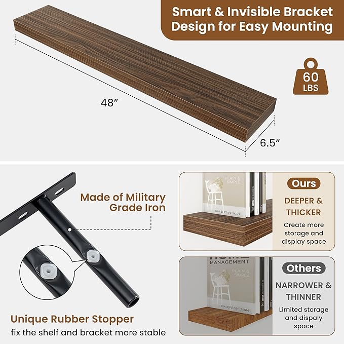fuqing Floating Shelves for Wall, Bathroom Shelf Wall Mounted for Storage, Shelves with Invisible Bracket for Bedroom, Kitchen, Living Room, Farmhouse Small Book Shelf, 48 Inch Set of 2, Walnut-NeatNest