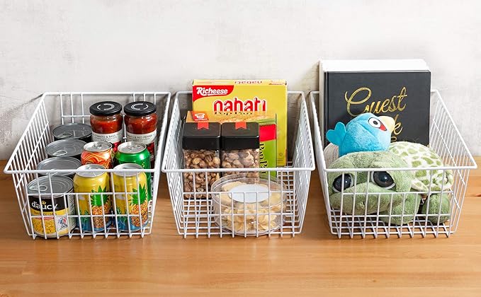 iPEGTOP Wire Storage Freezer Baskets, Set of 6 Large 15.4" Farmhouse Organizer Storage Bins Fridge Basket Rack with Handles for Kitchen Cabinets, Pantry, Office, Bathroom Organization - White
