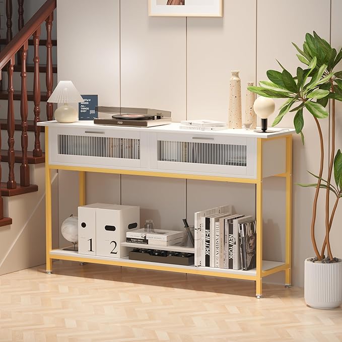 Aetheris 47" Console Table with 2 Drawers, 2 Tier Sofa Table with Storage,Entryway Table, Industrial Console Table for Entryway, Sofa Table Behind Couch for Living Room (White Gold)-NeatNest
