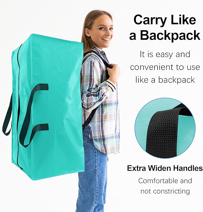 6 Pack Heavy Duty Extra Large Moving Bags W/Backpack Straps - Strong Handles & Zippers, Storage Totes For Space Saving, Fold Flat, Alternative to Box and Bin (40 gal, Aquamarine)