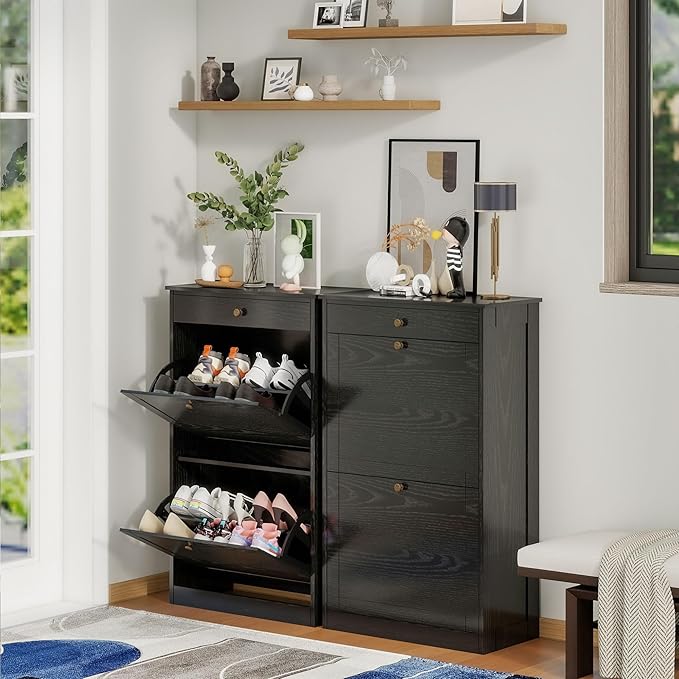 Shoe Storage Cabinet with 2 Flip Doors Set of 2, Wooden Narrow Shoe Cabinet Organizer with Drawer, Freestanding Hidden Shoe Rack with Adjustable Shelf for entryway, Hallway, Living Room, Black-NeatNest