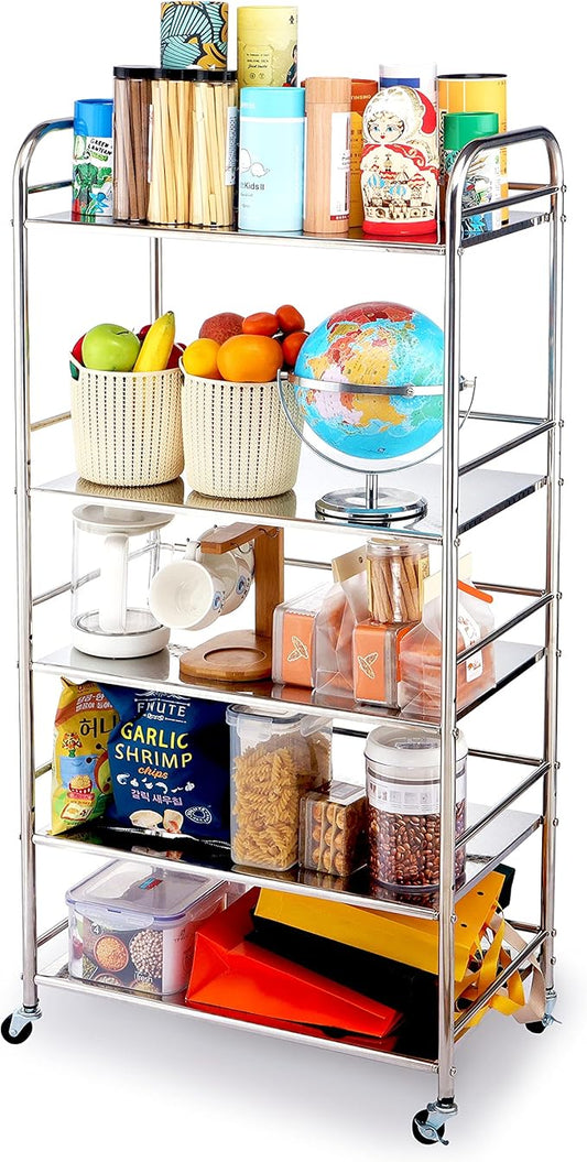 Susunnus Stainless Steel Cart with Wheels - 5 Tier, Movable, Suitable for Various Occasions, Gift Tools