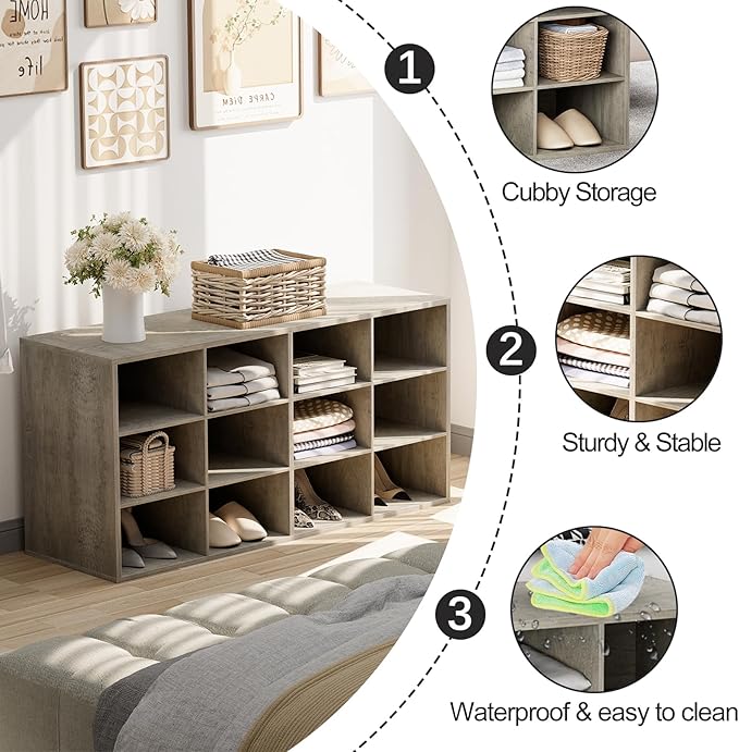Garden 4 you Shoe Storage Bench, Cubby Shoe Rack with 12 Cubbies, 3-Tier Wood Shoe Rack Organizer, Shoe Organizer Cabinet for Entryway, Hallway, Closet and Garage, Grey-NeatNest