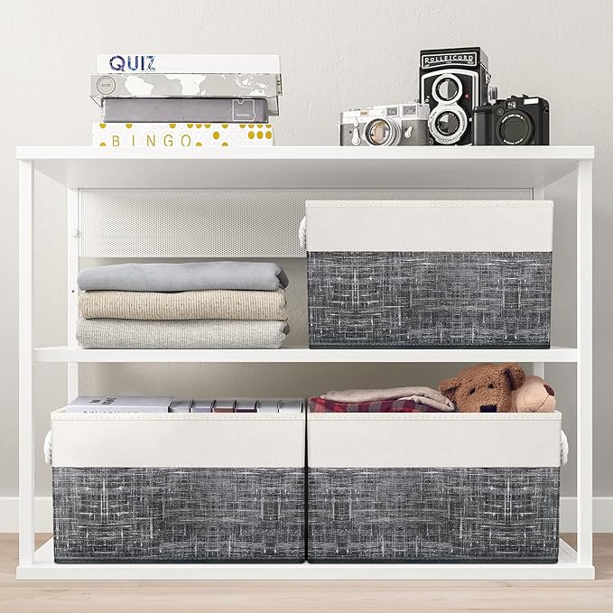 Fab totes Storage Bins [4-Pack], Foldable Storage Baskets for Organizing Toys, Books, Shelves, Closet, Large Storage Box with Rope Handles, Sturdy Organizer Bins, White & Black-NeatNest