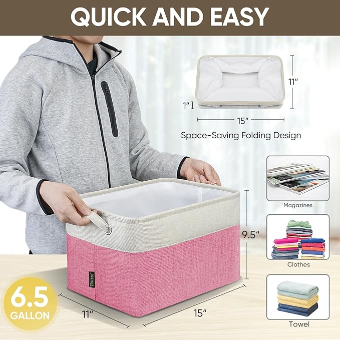 BALEINE 1 Pack Fabric Storage Bins for Shelves, Linen Storage Baskets for Organizing, Decorative Closet Bins for Clothes, Home (Pink, 15''x11''x9.5'')-NeatNest