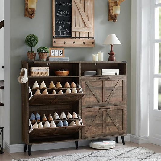 Shoe Storage Cabinet,Farmhouse Shoes Organizer with 4 Flip Drawers & Barn Door Design,Freestanding Hidden Slim Narrow Shoe Rack Cabinet with Open Shelves for Entryway,Hallway,Rustic Brown-NeatNest