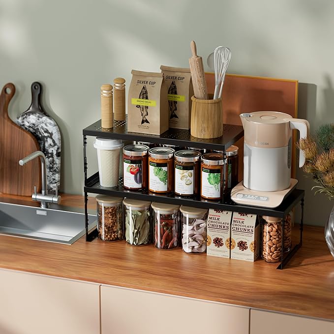 Adjustable Stackable Metal Storage Shelf Organizer - Expandable Wire Rack with Perforations for Kitchen, Pantry, Bathroom, Cabinet & Office-Compact, Durable & Sturdy (1PACK/Medium/Black)