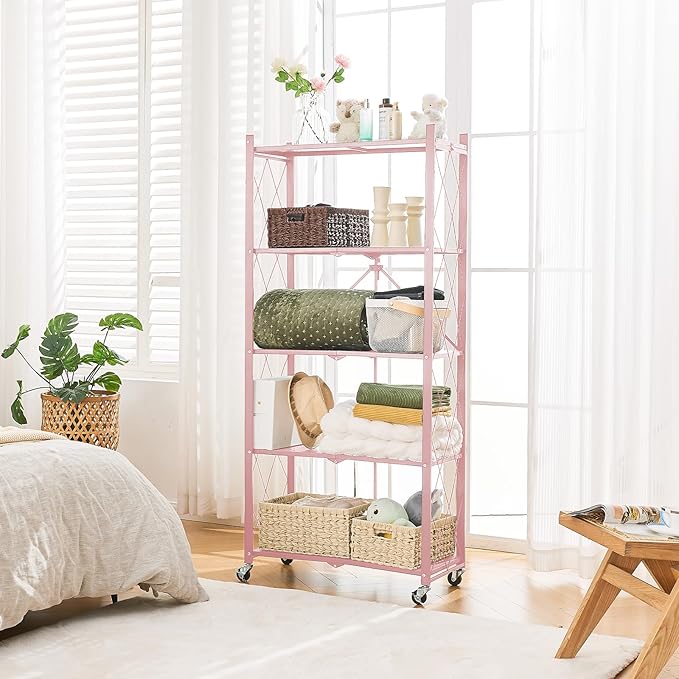 BRIAN & DANY 5-Tier Foldable Storage Shelves with Wheels, Folding Metal Rack Shelving Unit, Heavy Duty No Assembly Organizer Shelf for Garage, Kitchen, Basement, Pantry, Pink-NeatNest