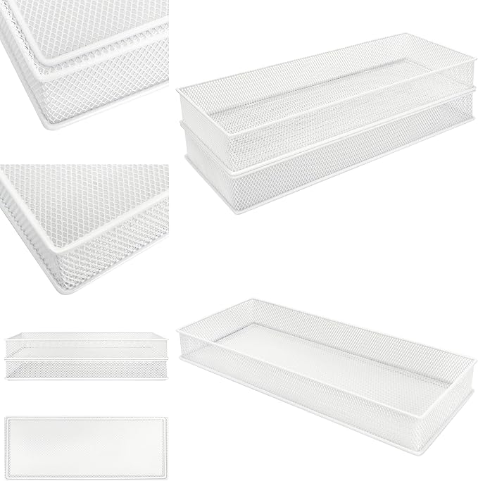 Annova Mesh Stackable Drawer Cabinet and Shelf Organizer Bins Storage Basket School Office Supply Holder Tray- Set of 2 (White, 6x15x2 Inch)-NeatNest