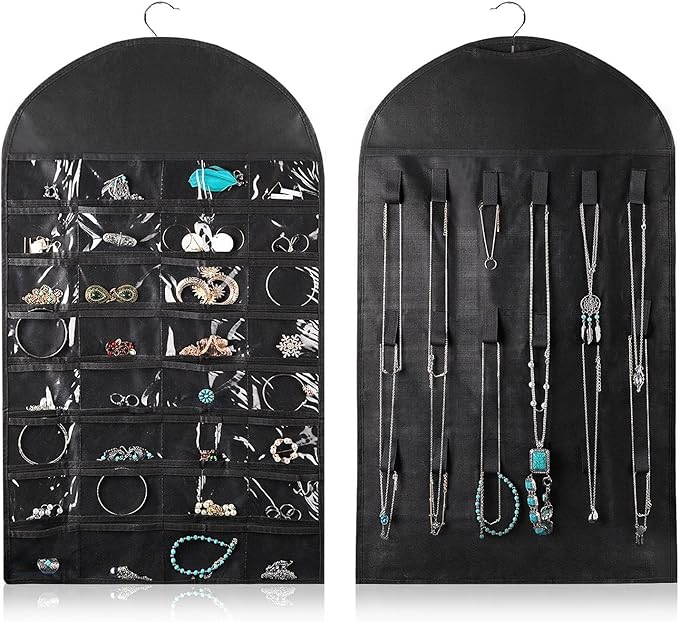 Flexzion Hanging Jewelry Organizer – (1 Pack) Black 32 Clear Pockets & 18 Hooks & Loops, Non-Woven Bag Dual Side Earring Storage Display Holder with for Necklace Bracelet Sunglasses-NeatNest