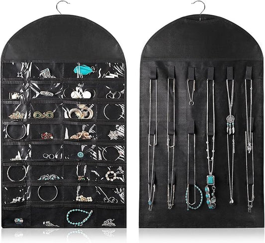 Flexzion Hanging Jewelry Organizer – (1 Pack) Black 32 Clear Pockets & 18 Hooks & Loops, Non-Woven Bag Dual Side Earring Storage Display Holder with for Necklace Bracelet Sunglasses-NeatNest