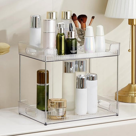 2-Tier Bathroom Counter Organizer, Multi-Purpose Cosmetics Skincare Shelf, Fits A4 Size Makeup Organizer for Office and Vanity Tray, Countertop Storage Solution for Kitchen,Bath.(Clear)-NeatNest