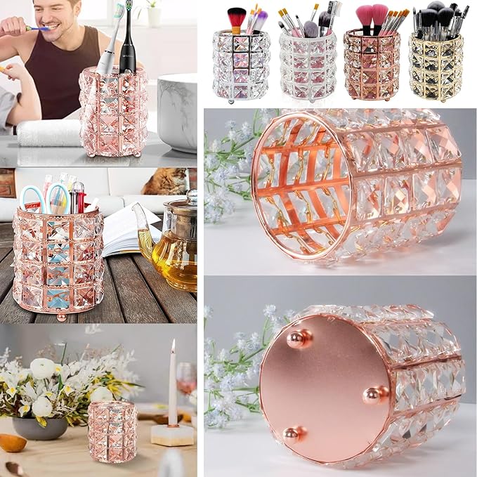 AKOAK 1 Pack Crystal Makeup Brush Holder Office Supplies Storage Rack Eyebrow Pencil/Lipstick/Pencil Makeup Container, Dressing Table, Bedroom, Office (Rose Gold)-NeatNest