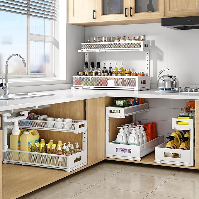 1 Pack 20.47IN Depth Under Sink Storage Organizer, Large 2-Tier Elegant Mesh Pull Out Shelf for Kitchen and Bathroom Cabinet Organization, L-Shaped and Adjustable Height Design-White-NeatNest