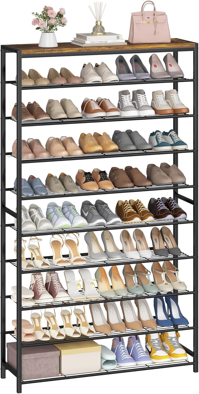 HOMEFORT 10 Tiers Shoe Rack Organizer,39.4" Shoe Storage Shelf for Closet, Shoe Rack for Entryway,Holds 45-50 Pairs of Shoe, Tall Shoe Stand with Metal Shelves and MDF Top Board,Rustic Brown-NeatNest