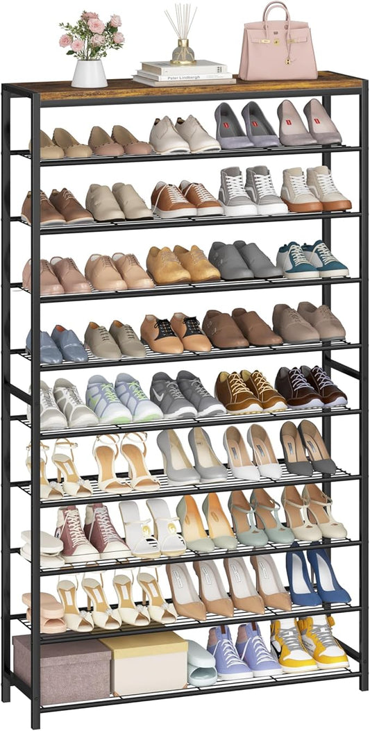 HOMEFORT 10 Tiers Shoe Rack Organizer,39.4" Shoe Storage Shelf for Closet, Shoe Rack for Entryway,Holds 45-50 Pairs of Shoe, Tall Shoe Stand with Metal Shelves and MDF Top Board,Rustic Brown-NeatNest