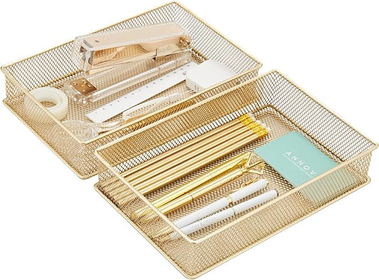 Annova Mesh Stackable Drawer Cabinet and Shelf Organizer Bins Storage Basket School Office Supply Holder Tray- Set of 2 (Gold, 6x9x2 Inch)-NeatNest