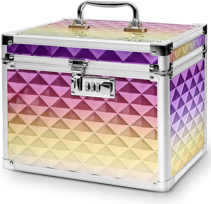 Medication Combination Lock Boxes with Code for Personal Items, Rainbow Medicine Lockbox for Documents 10 x 7.25 x 7.75 Inches Plaid Gold Purple