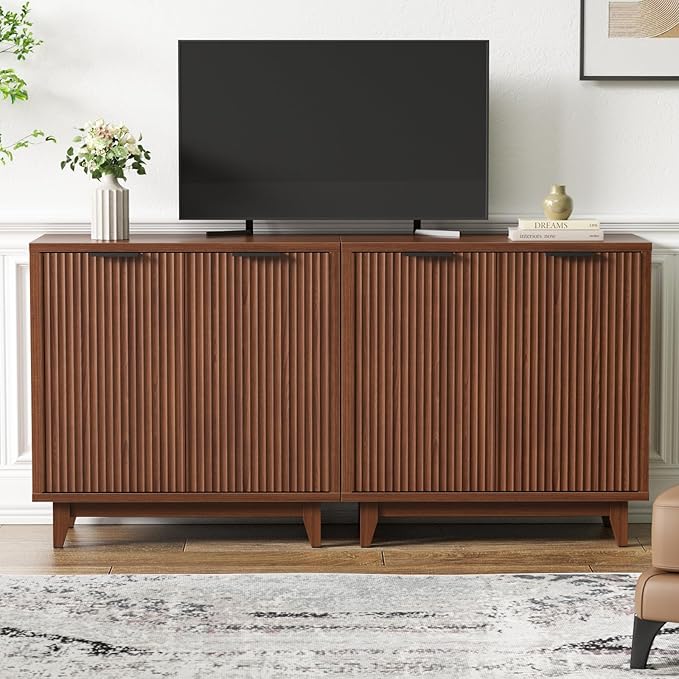 Fluted Cabinet with Storage, 2 Doors Sideboard Buffet, Mid Century Modern Accent Cabinet with Adjustable Shelves, Multifunctional Console Table with Storage for Living Room, Kitchen, Entryway