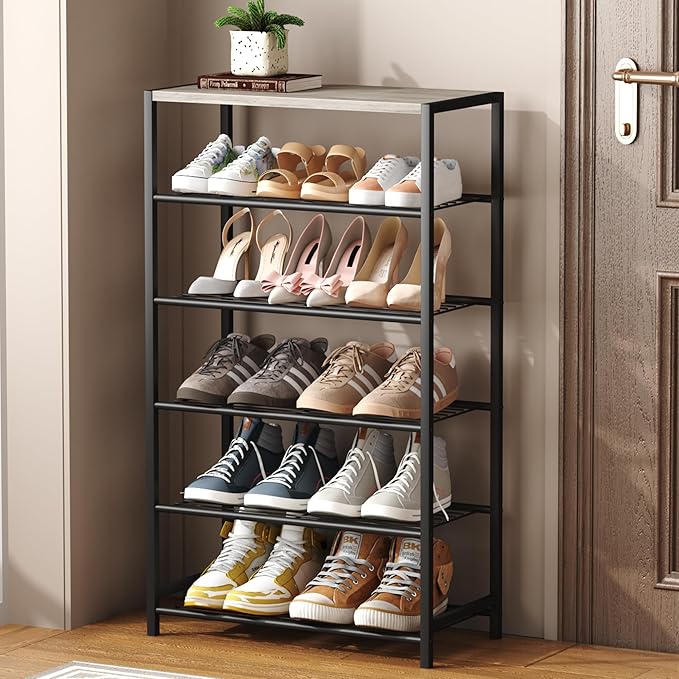 HOMEFORT 6 Tiers Shoe Rack Organizer,23" Shoe Storage Shelf for Closet, Shoe Rack for Entryway, Each Tier Fits 3 Pairs, Shoe Stand with Metal Shelves and MDF Top Board, Washed Gray-NeatNest