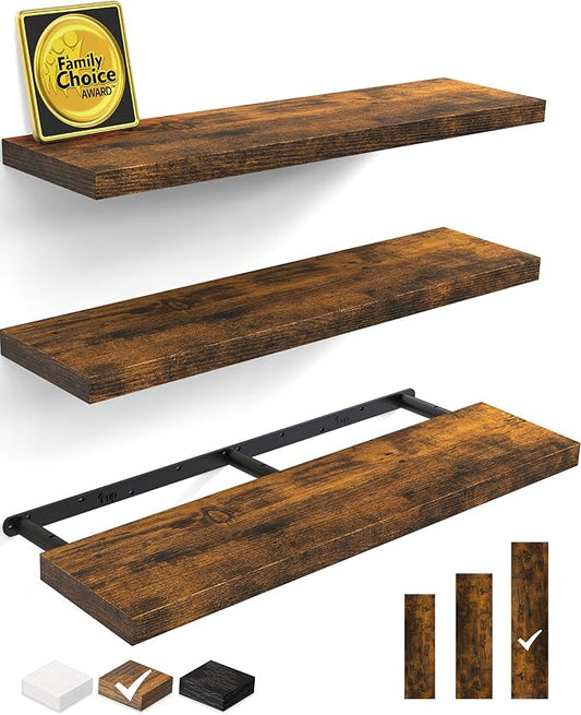 BAYKA Floating Shelves for Wall, 36 inches Wall Mounted Rustic Wood Shelves for Bathroom, Bedroom, Living Room, for Storage/Decor with 30lbs Capacity（Rustic Brown,Set of 3-NeatNest