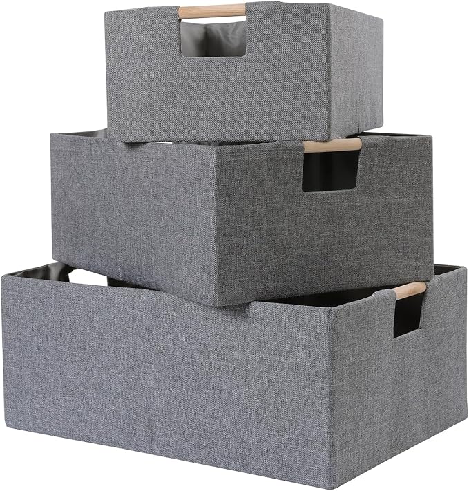 ANMINY 2PCS Storage Baskets for Organizing Collapsible Fabric Storage Bins Boxes with Wood Handles Closet Shelves Cube Organizer Bins Clothes Laundry Storage Container - Large, Gray-NeatNest
