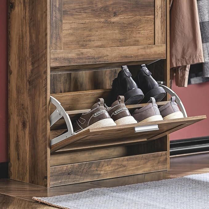 Haotian Freestanding Shoe Cabinet with 3 Flip-Drawers, Rustic Brown, W23.6 x D9.1 x H45.3 inches, Entryway-NeatNest
