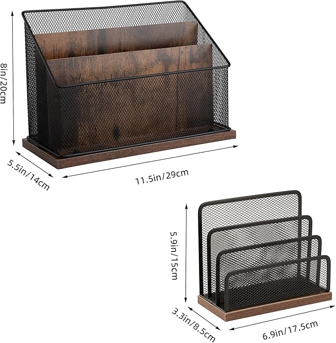 3-Tier Vertical File Storage with Retro Wooden Desk Mail Organizer and Metal Mesh Desktop Organizer for Home Office