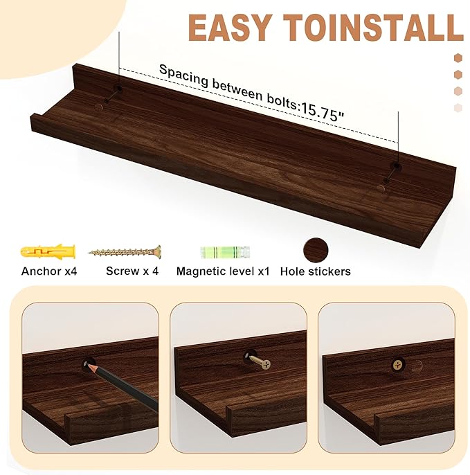 Floating Shelves Wall Mounted Set of 2,Wall Shelves for Decor Storage 23.6 Inch, Wall Mounted Wood Shelves for Bedroom, Living Room, Bathroom, Kitchen, Office,Walnut-NeatNest