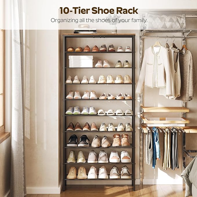 10 Tier Shoe Rack, Large Capacity Shoe Storage Organizer Holds 40 Pairs, Durable and Stable, for Entryway, Hallway, Closet, Dorm Room, Rustic Brown SS10BR-NeatNest